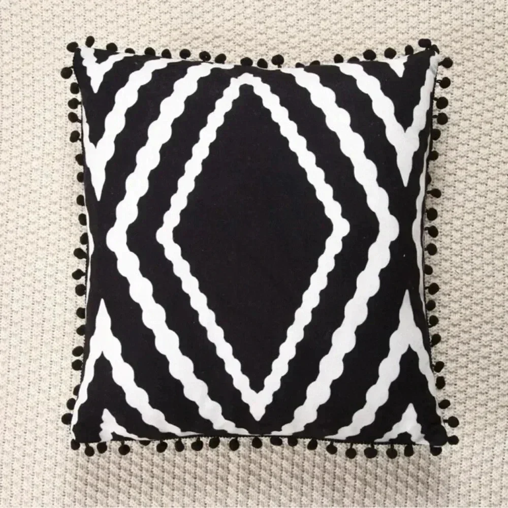 Black & White Pom Pom Decor Cushion Cover Without Filler